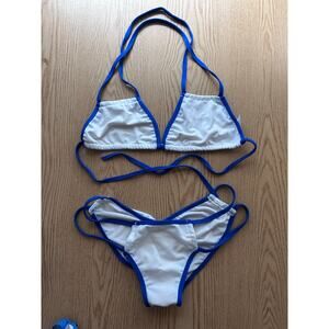 B45 New Women’s AMI Sexy 2Pc White Blue String Bikini Set Ruched Cheeky Medium